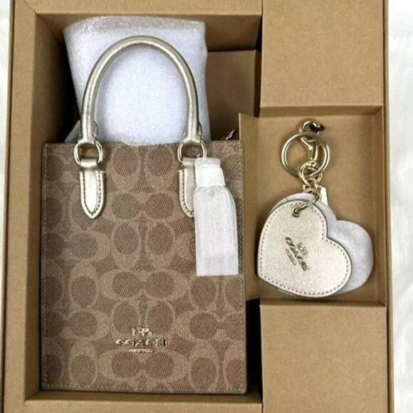 🎁 Coach Boxed Mini Tote Bag And Mirror Bag Charm Set In Signature Canvas - Picture 7 of 7